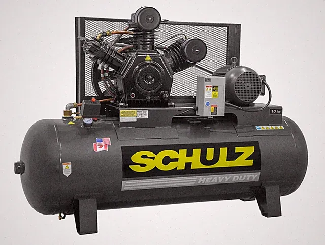 SCHULZ AIR COMPRESSOR, 10HP, 120 GALLONS HORIZONTAL TANK, 208-230-460 VOLTS
